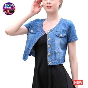 Denim Jacket Short Sleeve Crew Neck Lightweight Summer Jean Coat Women's Tops